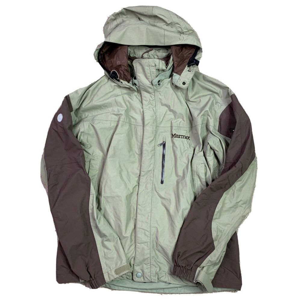 Marmot Shell Rain Jacket Women Small Green Brown Colorblock Removable Hood